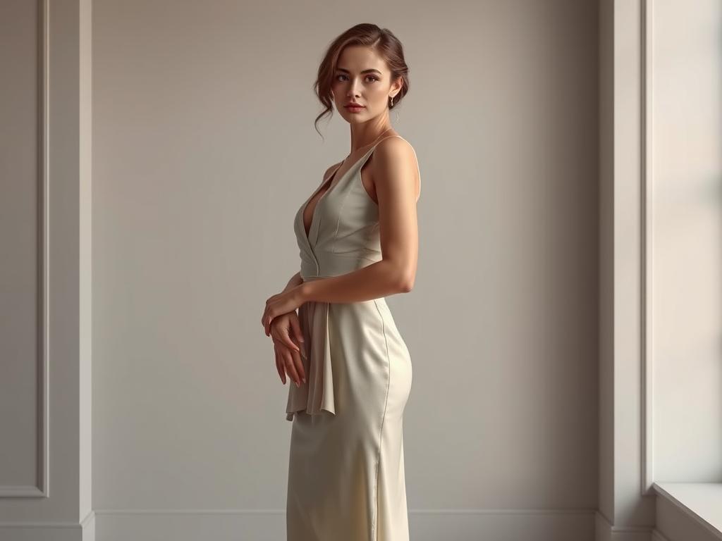 A Woman In A Bent Forward Posture As If She Were Looking At Something On The Floor She Wears A White