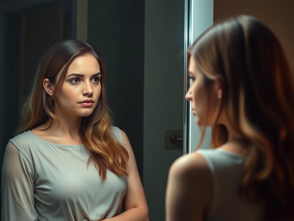 A Beautiful Young Woman Stands In Front Of A Mirror Taking A Selfie She Has Long Dark Hair And Is