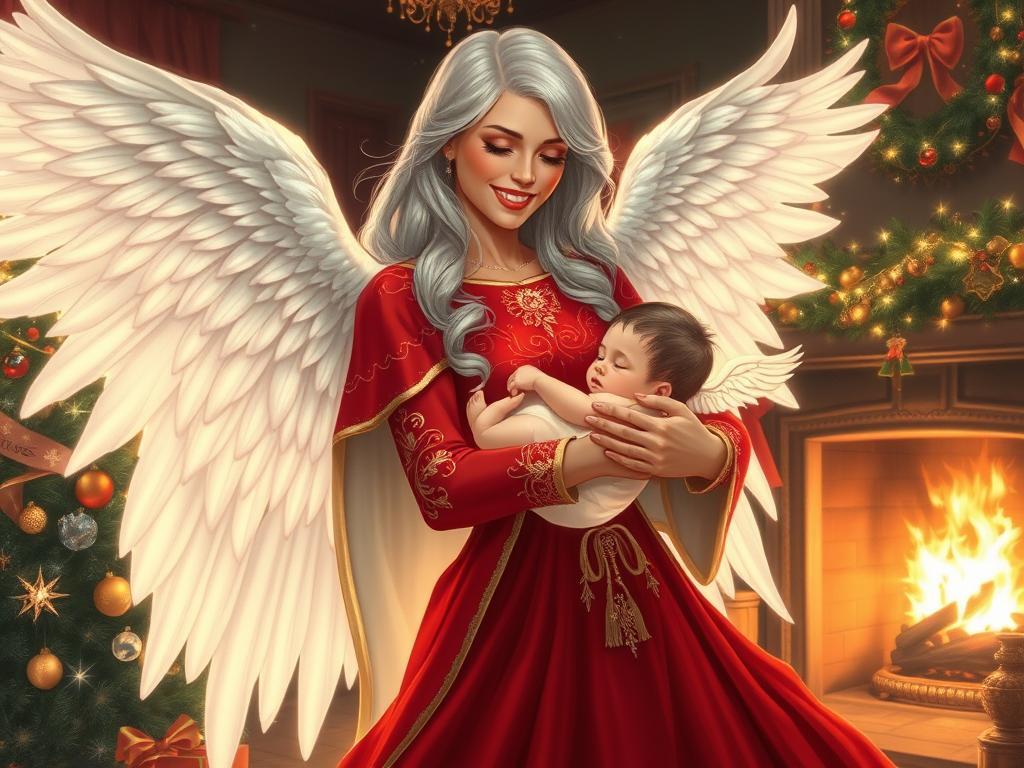 A Photorealistic Image Of A Woman With White Angel Wings And Long Flowing Silver Hair Smiling Happily