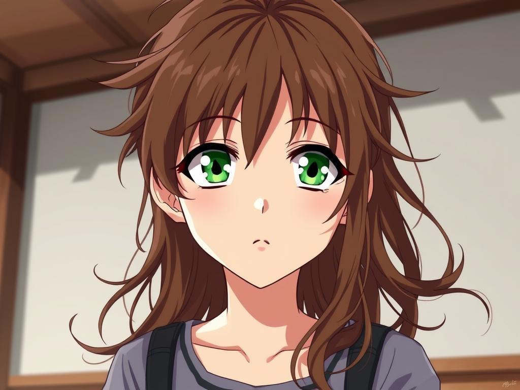 Anime Teen Girl Messy Brown Hair Green Irises