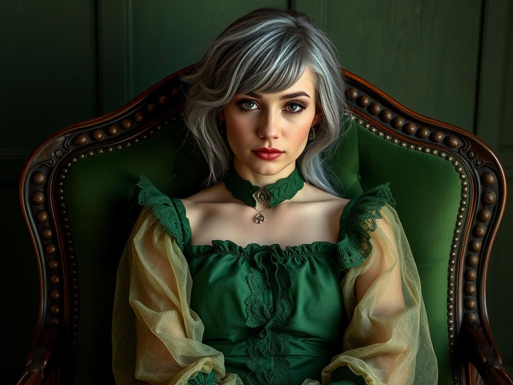 {Subject A Woman With Mauve Hair And Intensely Expressive Blue Eyes Kneeling In An Ancient Weathered