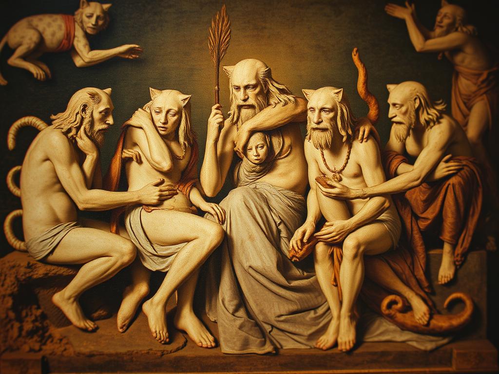 Surreal Scene With A Human Figure At The Bottom Reaching Up Towards A Cascade Of Intertwined Human Bodies