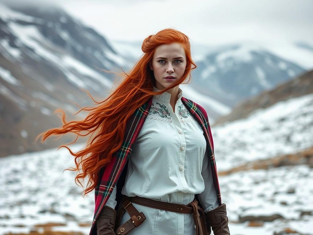 Apuesto Highlander Guerrero Con Pelo Largo Negro Una Cicatriz En La Cara Vestido Con Camisa Blanca Y