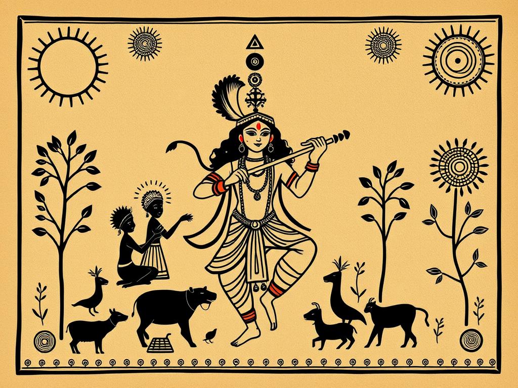 Create A Digital Representation Of Lord Sri Krishna In The Minimalist Warli Art Style Showcasing His
